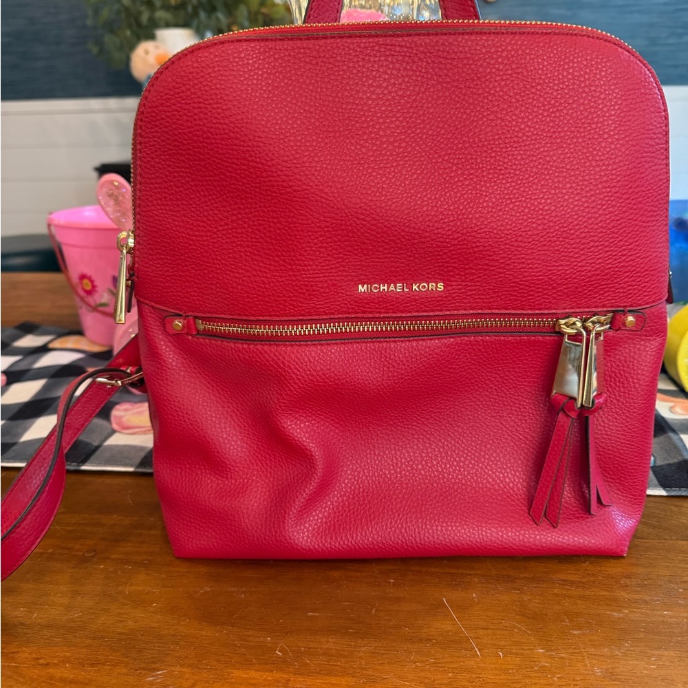 Michael Kors Red Leather Backpack with Gold Zipper